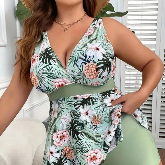 Women's Plus Size 2Pc Tropical Print Summer Tankini Bathing Suit Set 16W - 18W - Picture 1 of 11
